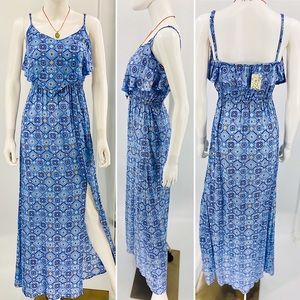 MUDD-Size S-Bright Blue Flounce Flap Maxi Floral Dress-NWT